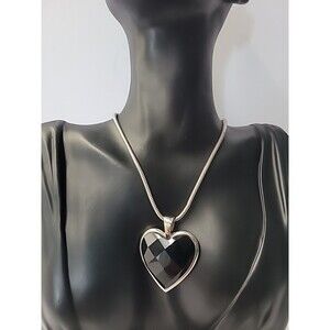 Vintage EdForce Steel Heart Pendant Black Faceted Silver Tone Rope Chain Jewelry